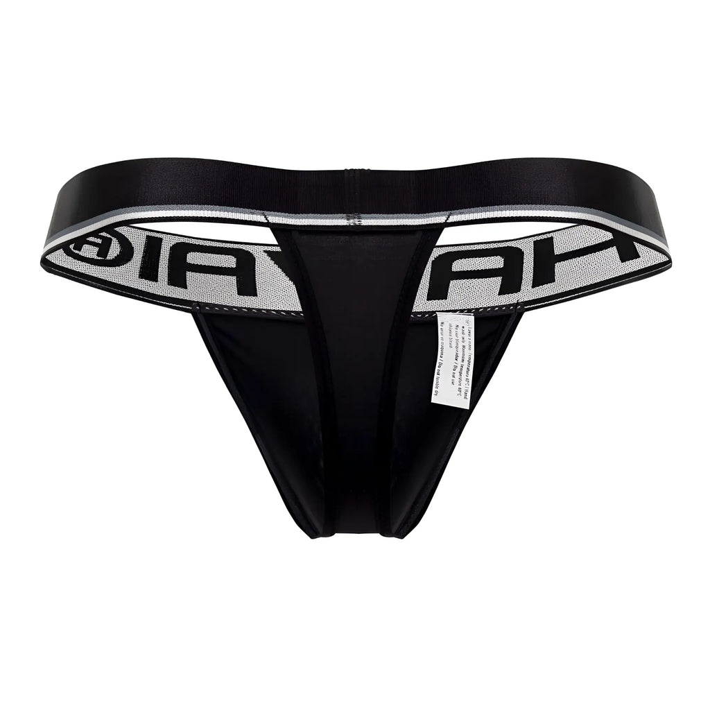 Black microfiber thong with wide elastic waistband and bold black ah lettering on silver textured background