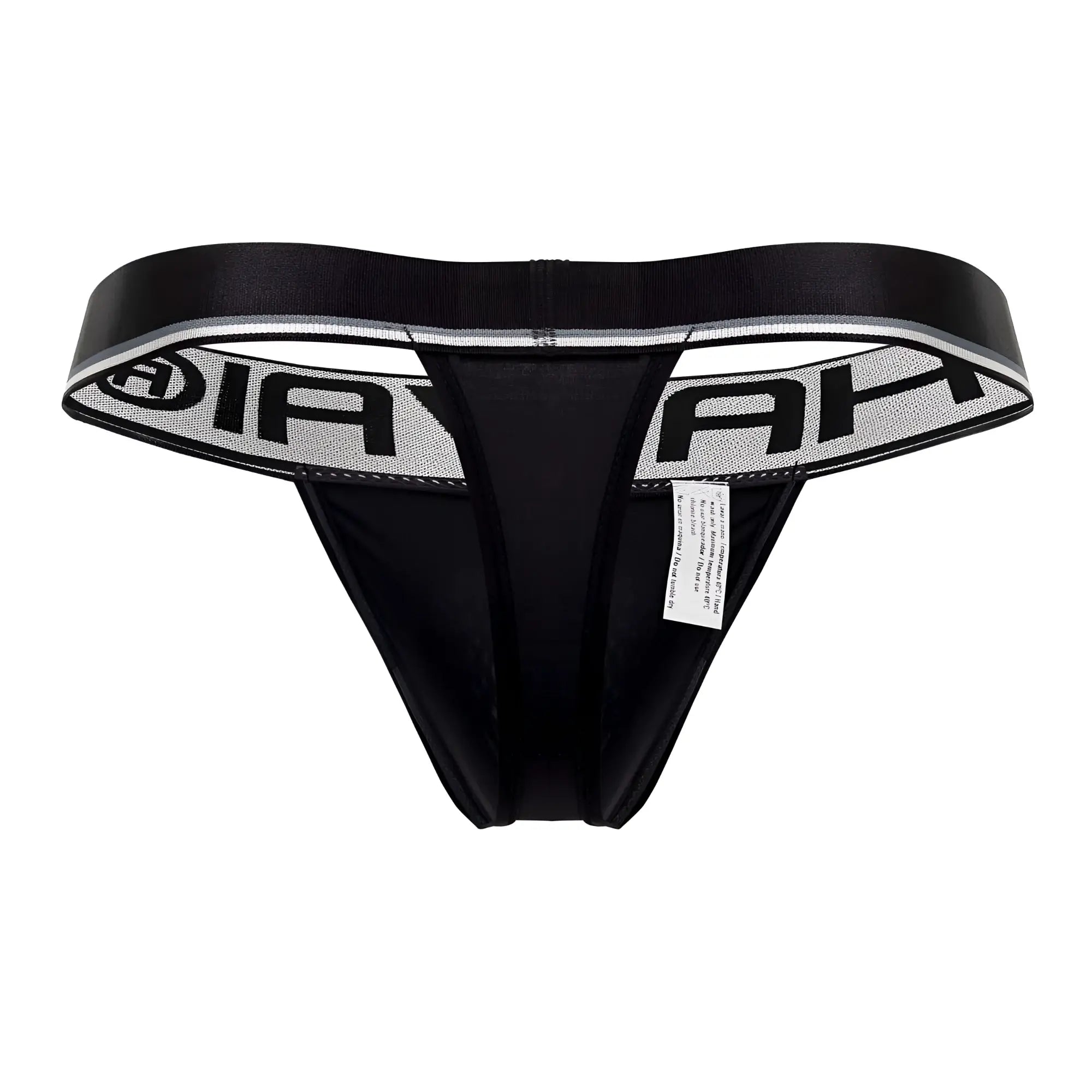 Black microfiber thong with wide elastic waistband and bold black ah lettering on silver textured background
