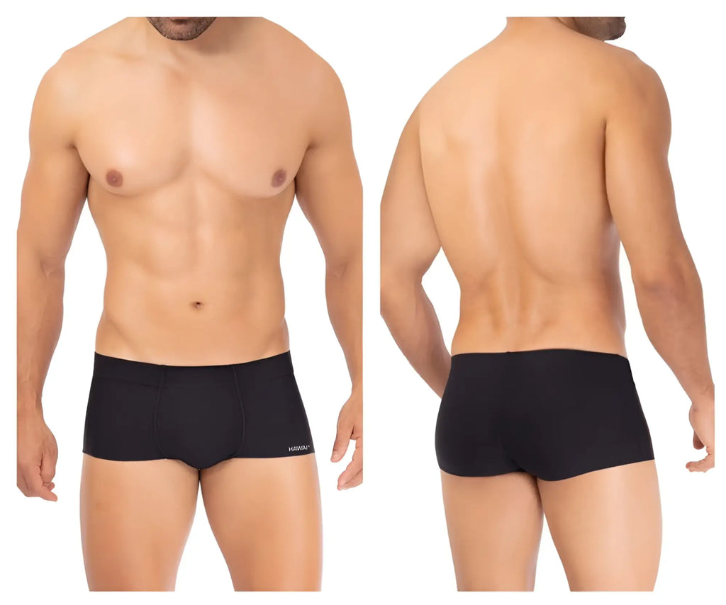 Black men’s bikini briefs in smooth black microfiber with subtle branding on the waistband for comfortable wear