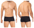 Black men’s bikini briefs in smooth black microfiber with subtle branding on the waistband for comfortable wear