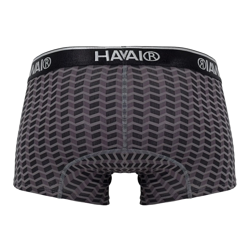 Black and gray geometric-patterned havai men’s boxer briefs with branded elastic waistband in gray color