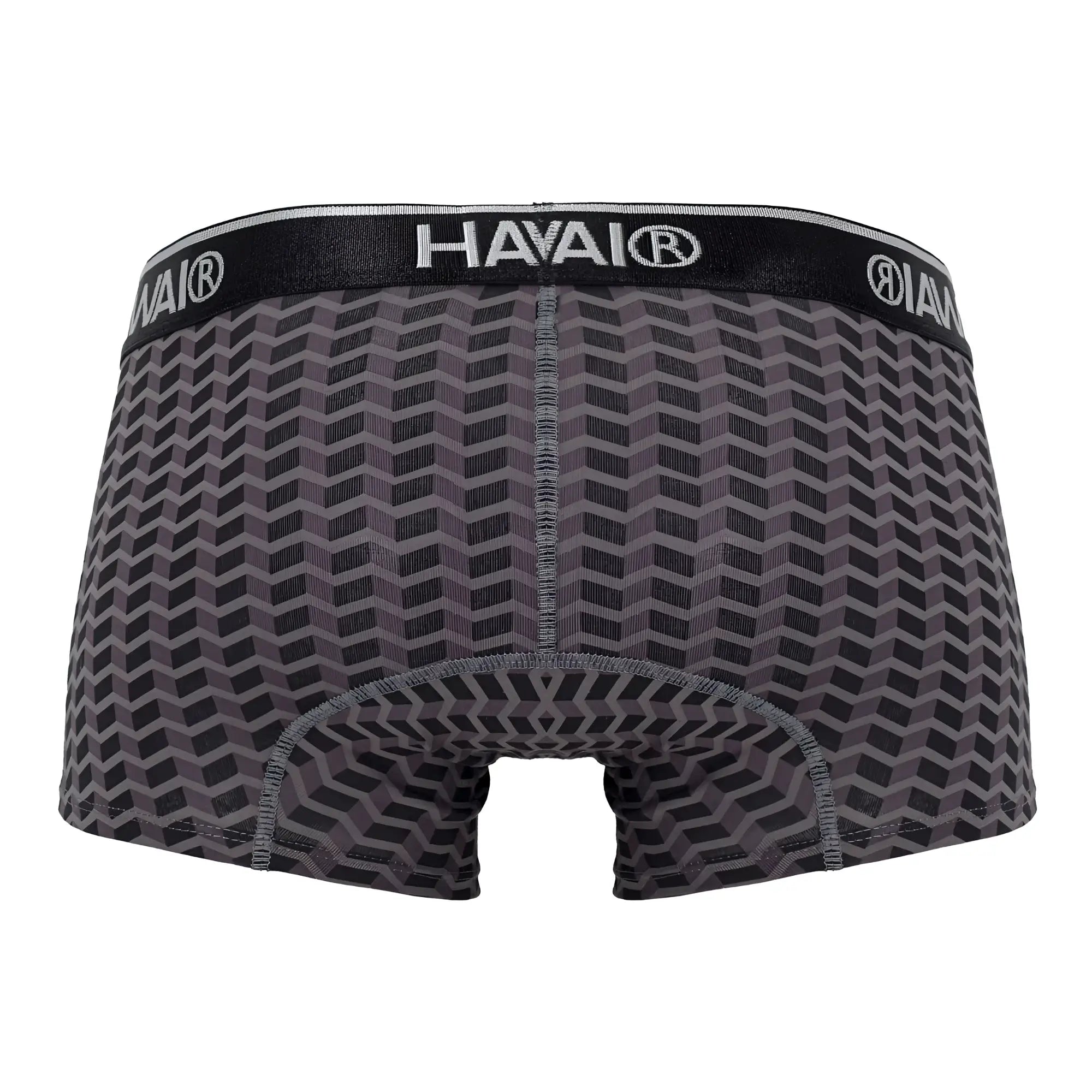 Black and gray geometric-patterned havai men’s boxer briefs with branded elastic waistband in gray color
