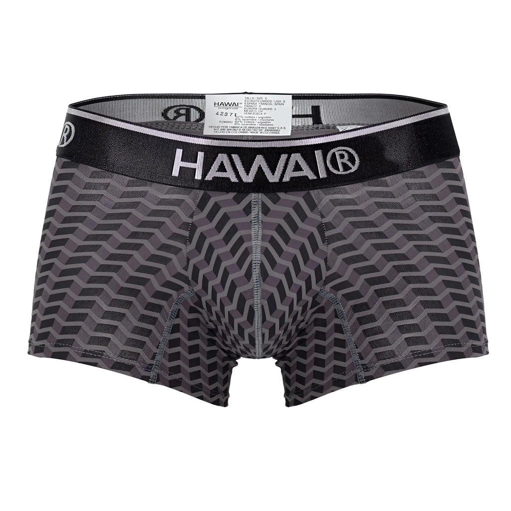 Gray and black geometric-patterned hawaii 42371 printed trunks with branded elastic waistband for men