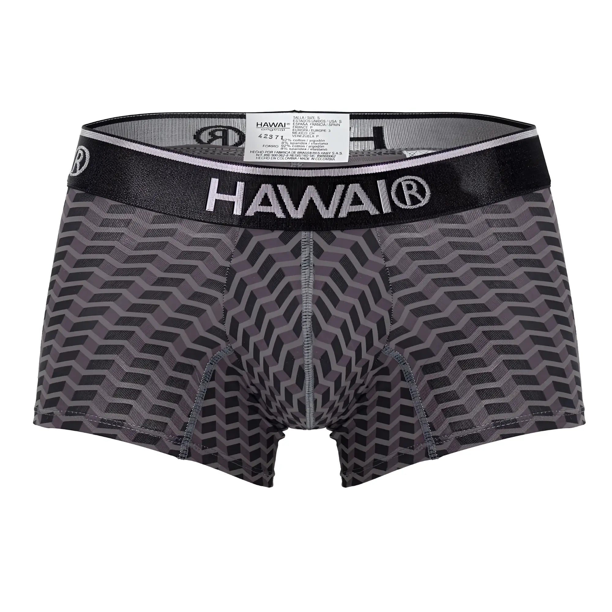 Gray and black geometric-patterned hawaii 42371 printed trunks with branded elastic waistband for men