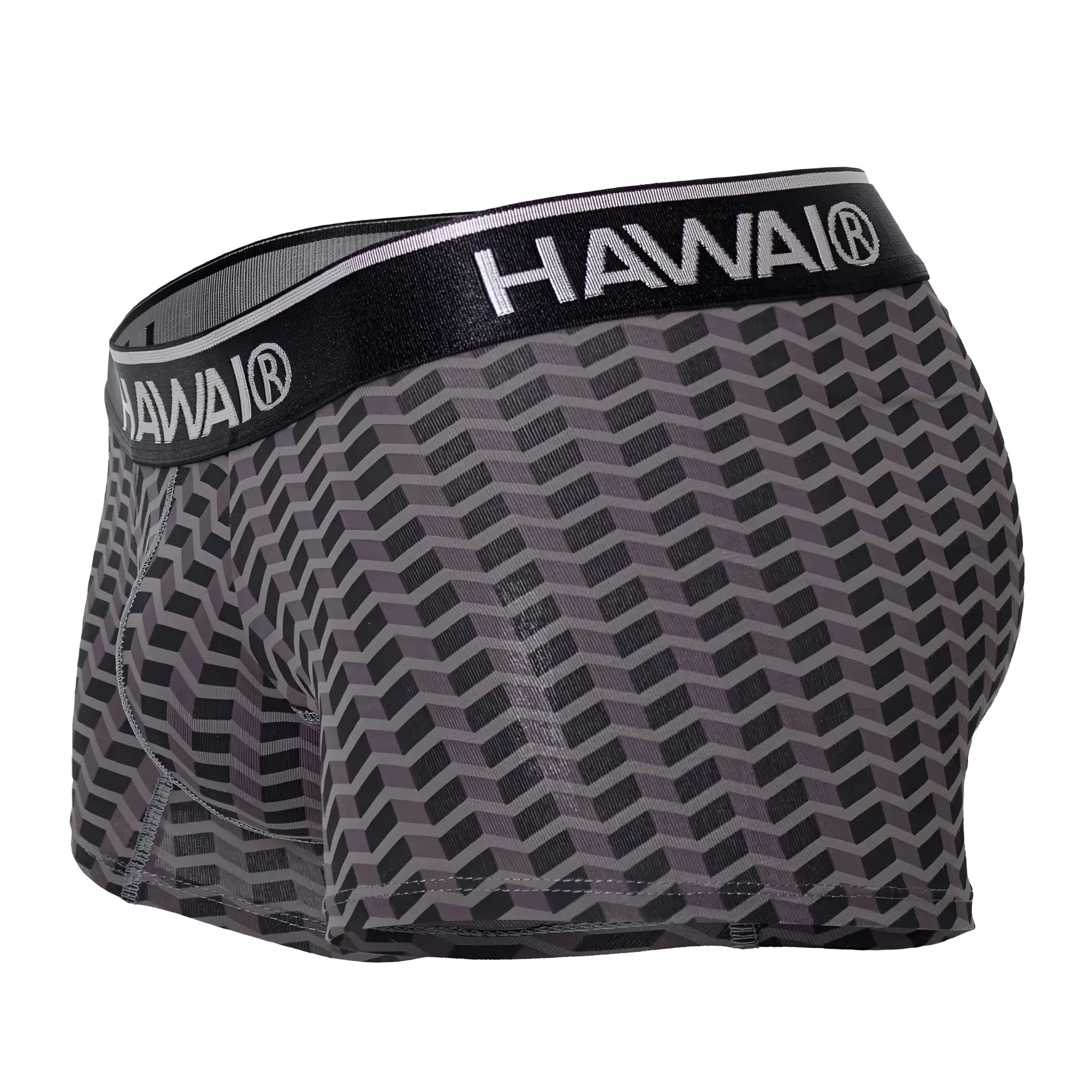 Gray and black geometric patterned men’s boxer briefs with branded elastic waistband hawai 42371 printed trunks