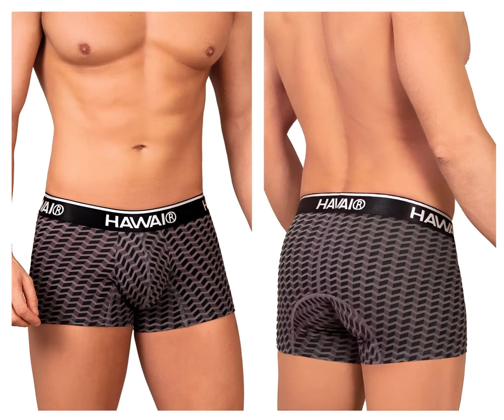 Black and gray patterned hawaii men’s boxer briefs with black waistband and white hawaii branding in color gray