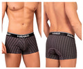 Black and gray patterned hawaii men’s boxer briefs with black waistband and white hawaii branding in color gray