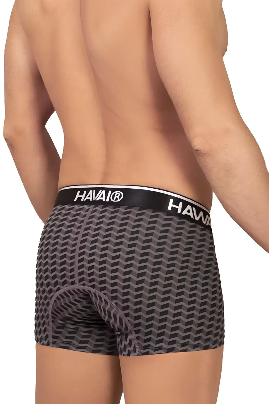 Gray havai boxer briefs with black geometric pattern and padded crotch in model hawai 42371 printed trunks gray