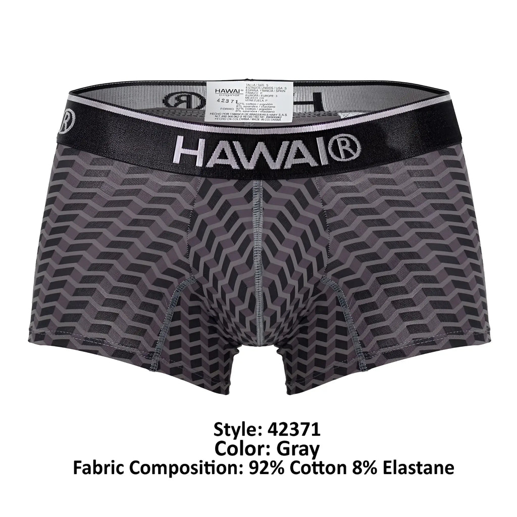 Gray patterned men’s boxer briefs with black hawai branded waistband designed for comfortable everyday wear
