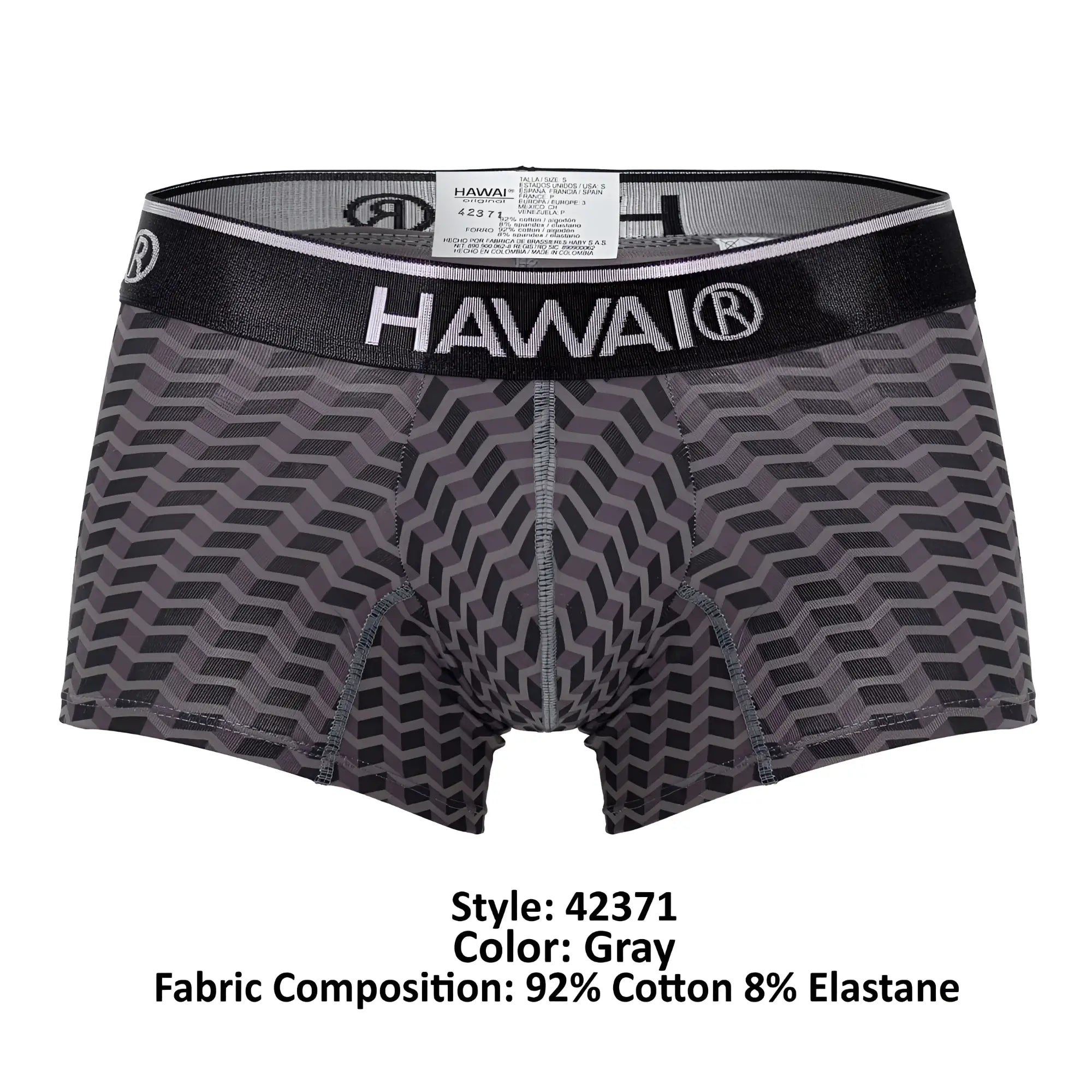 Gray patterned men’s boxer briefs with black hawai branded waistband designed for comfortable everyday wear