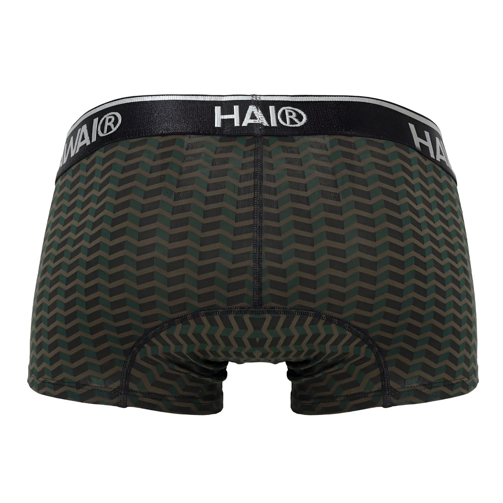 Black and dark green chevron-patterned Hawai 42371 printed trunks boxer briefs with black elastic waistband and white lettering
