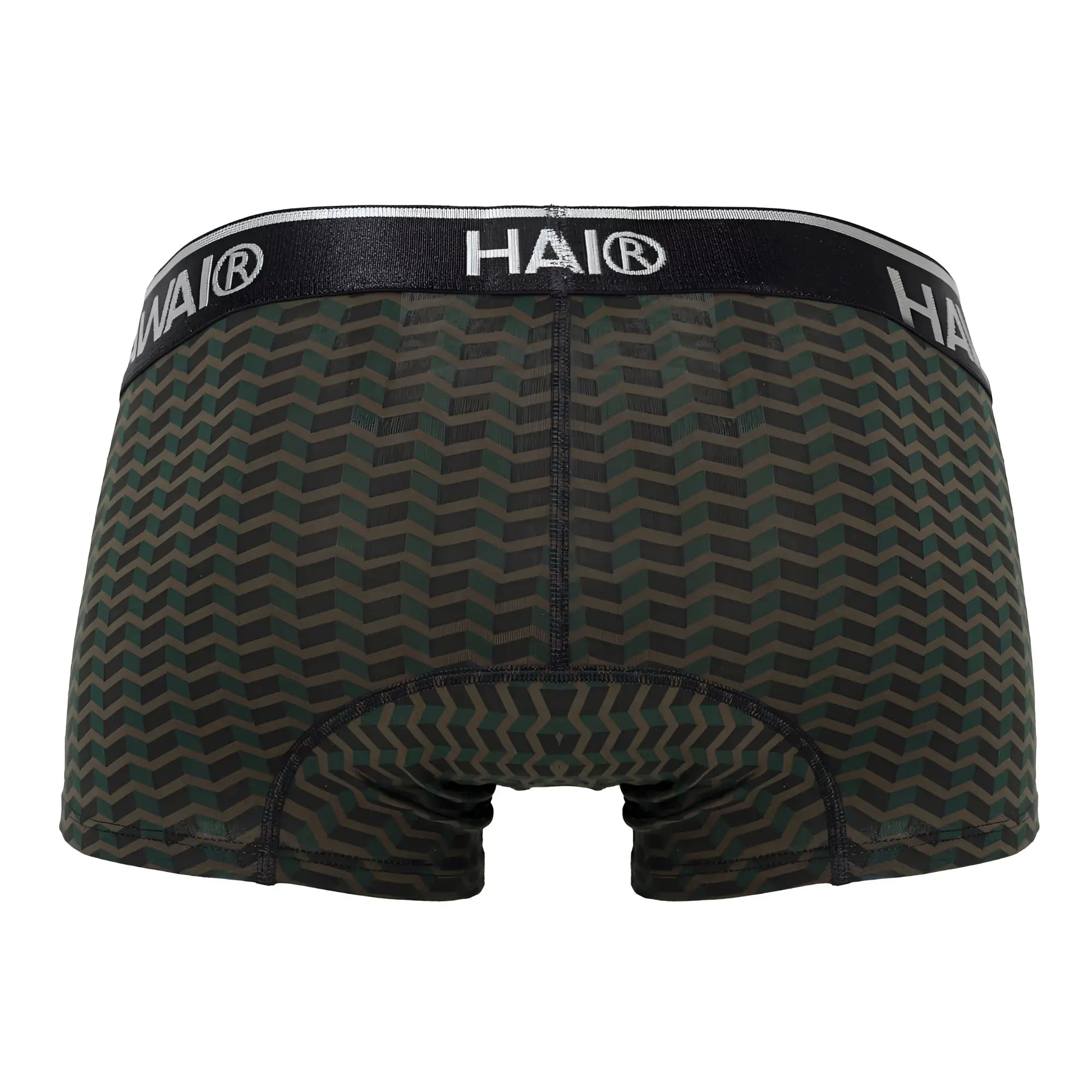 Black and dark green chevron-patterned Hawai 42371 printed trunks boxer briefs with black elastic waistband and white lettering