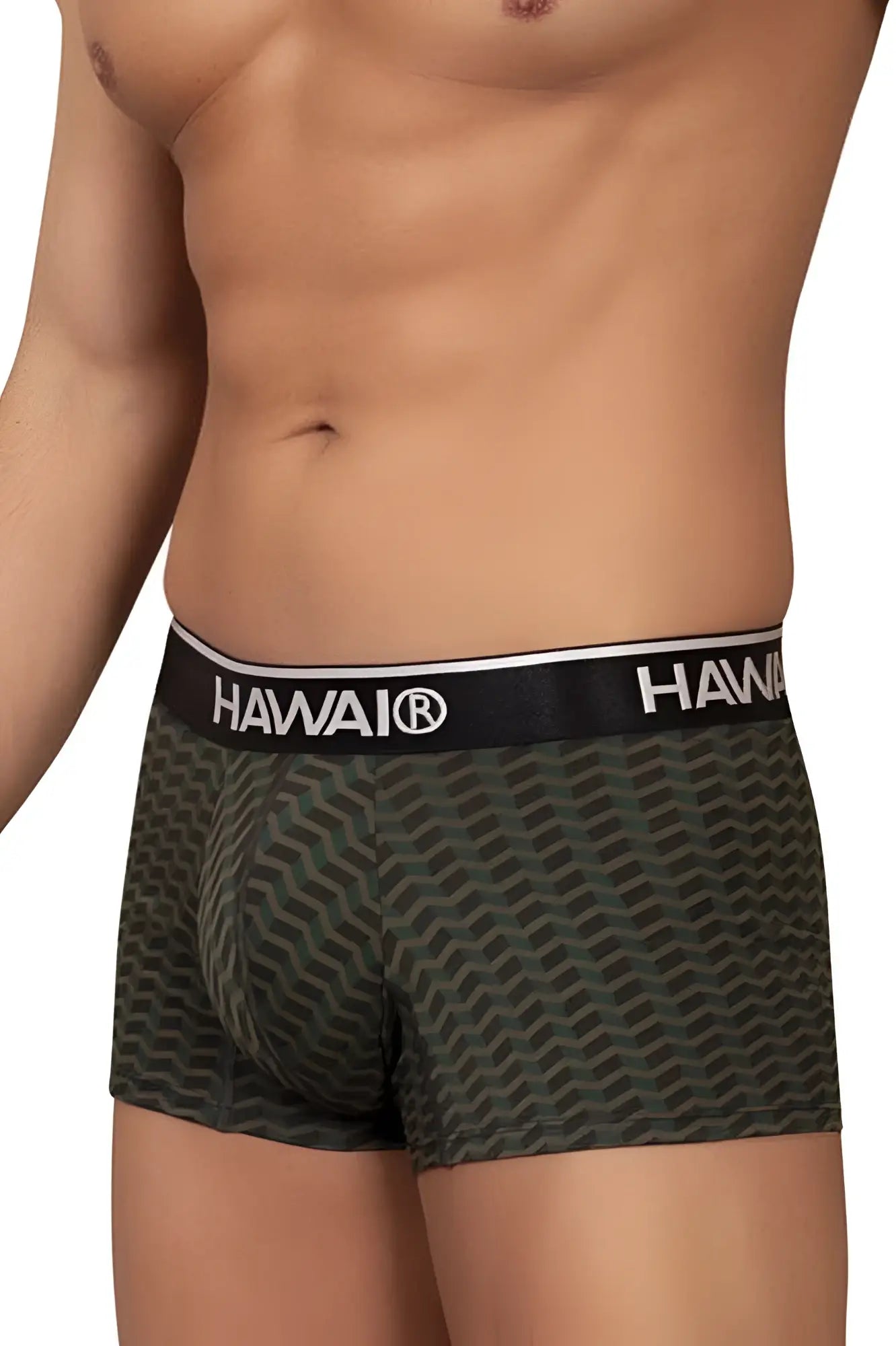 Dark green boxer briefs with black waistband featuring hawaii logo and zigzag pattern printed trunks color green
