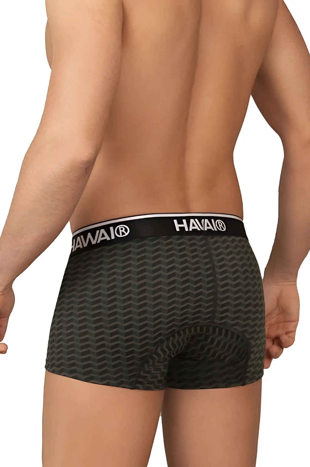 Dark green hawai 42371 printed boxer briefs with subtle wavy pattern and black waistband with hawai logo in white