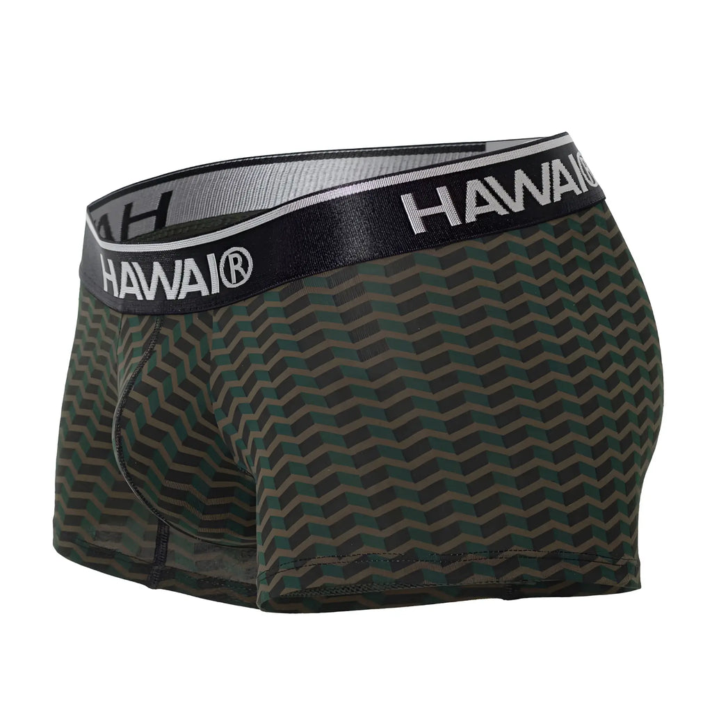 Men’s boxer briefs in dark green and gray chevron pattern with black elastic waistband branded hawaii in white
