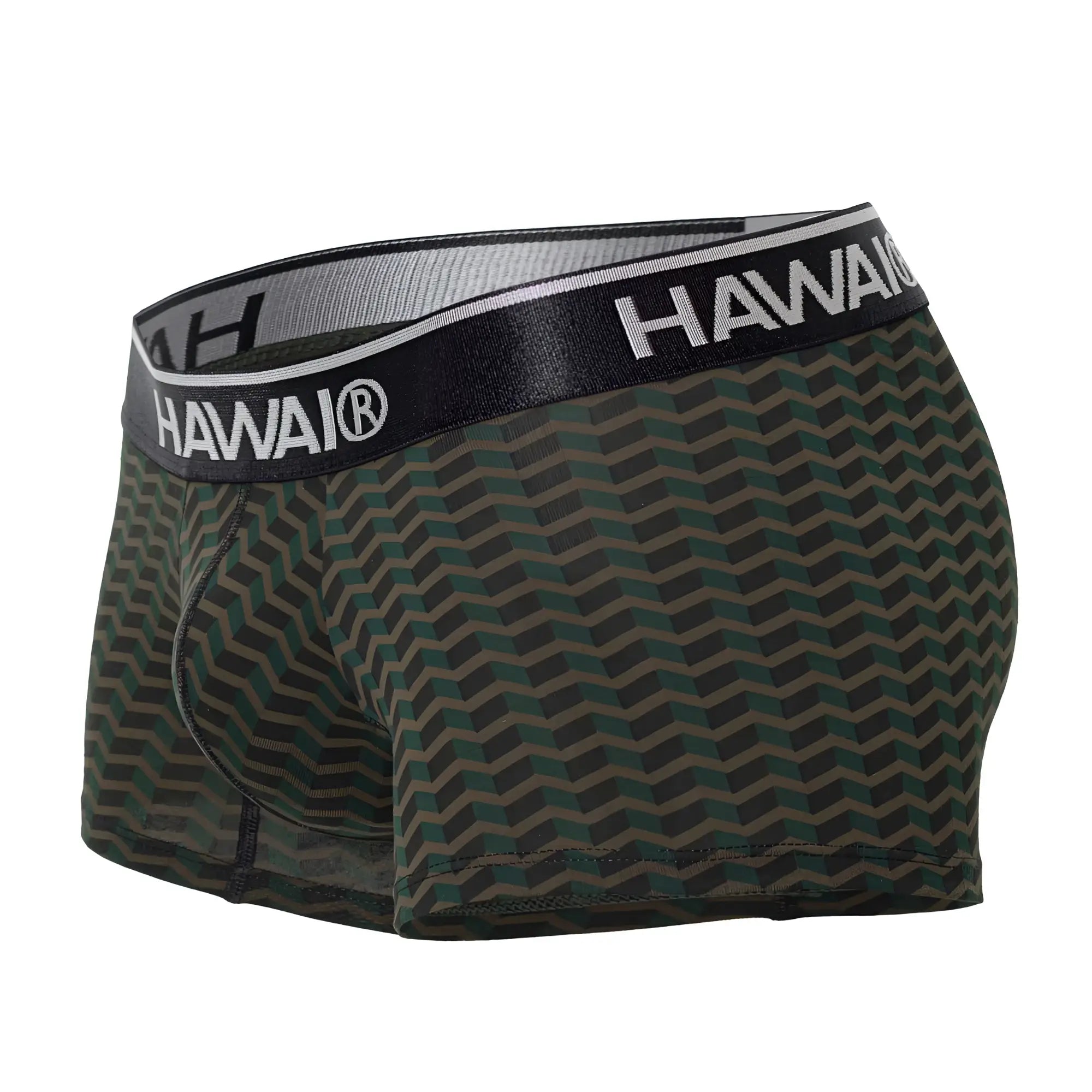 Men’s boxer briefs in dark green and gray chevron pattern with black elastic waistband branded hawaii in white