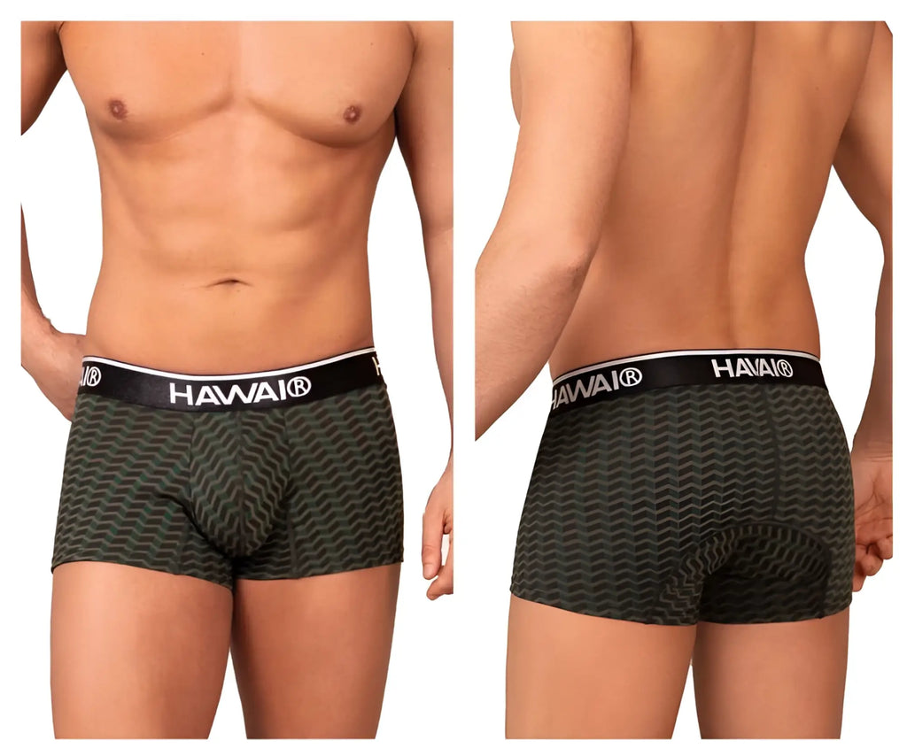 Dark green patterned boxer briefs with black elastic waistband featuring hawai brand name in white lettering