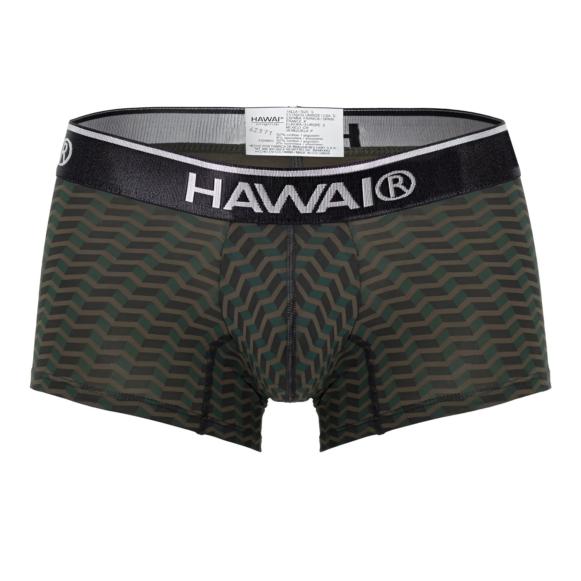 Hawaii 42371 printed trunks men’s boxer briefs in dark green and black geometric pattern with black waistband in green