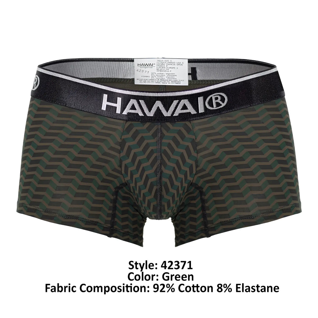 Green patterned hawai 42371 printed trunks men’s boxer briefs with black waistband and white lettering trim