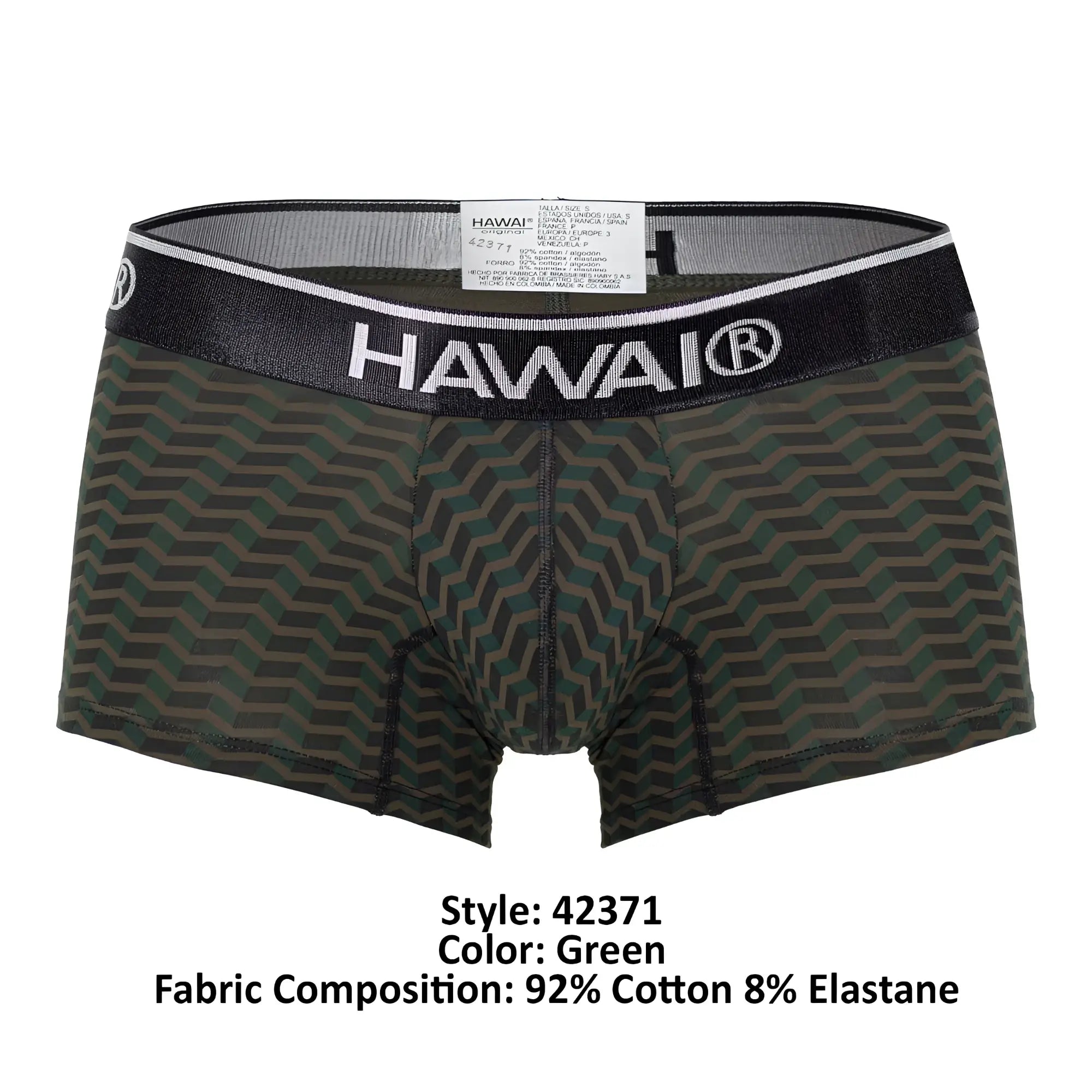 Green patterned hawai 42371 printed trunks men’s boxer briefs with black waistband and white lettering trim