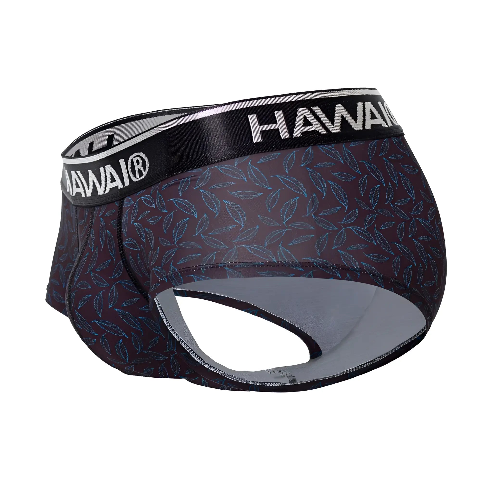 Dark purple hawaii 42380 printed briefs with a subtle leaf pattern and black waistband featuring the hawaii logo in white