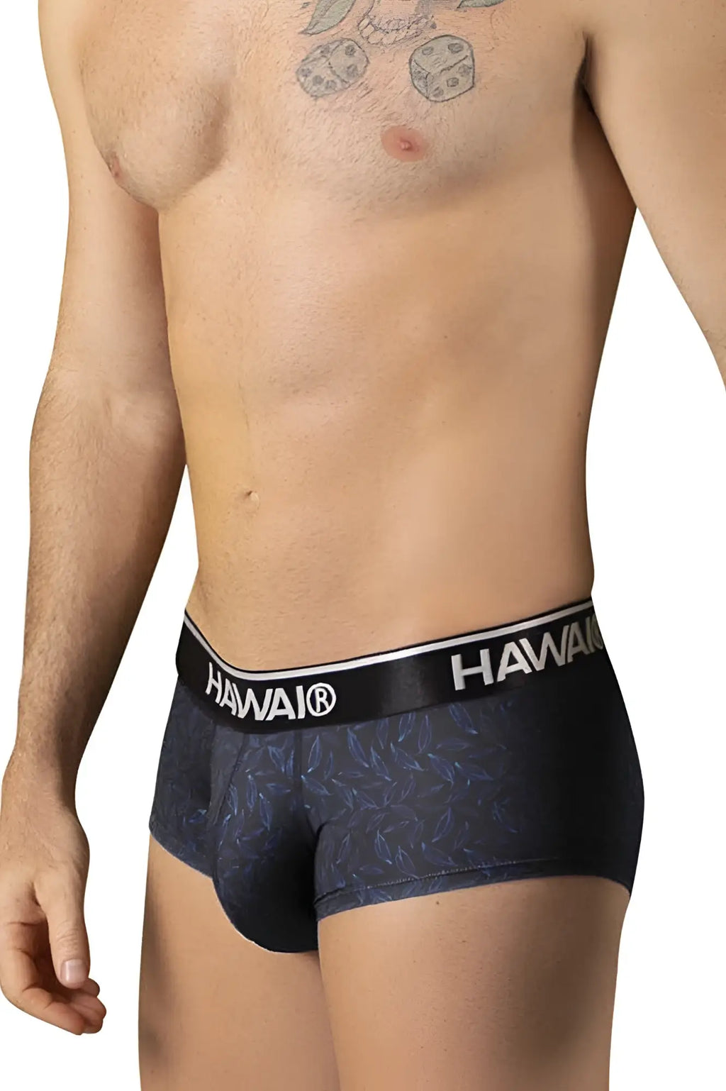 Black hawai boxer briefs in black with subtle blue leaf pattern and white logo waistband for comfortable wear