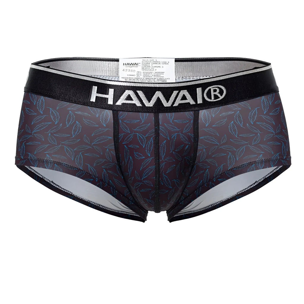 Black Hawai 42380 printed briefs in sheer dark gray fabric with intricate blue leaf pattern and black trim