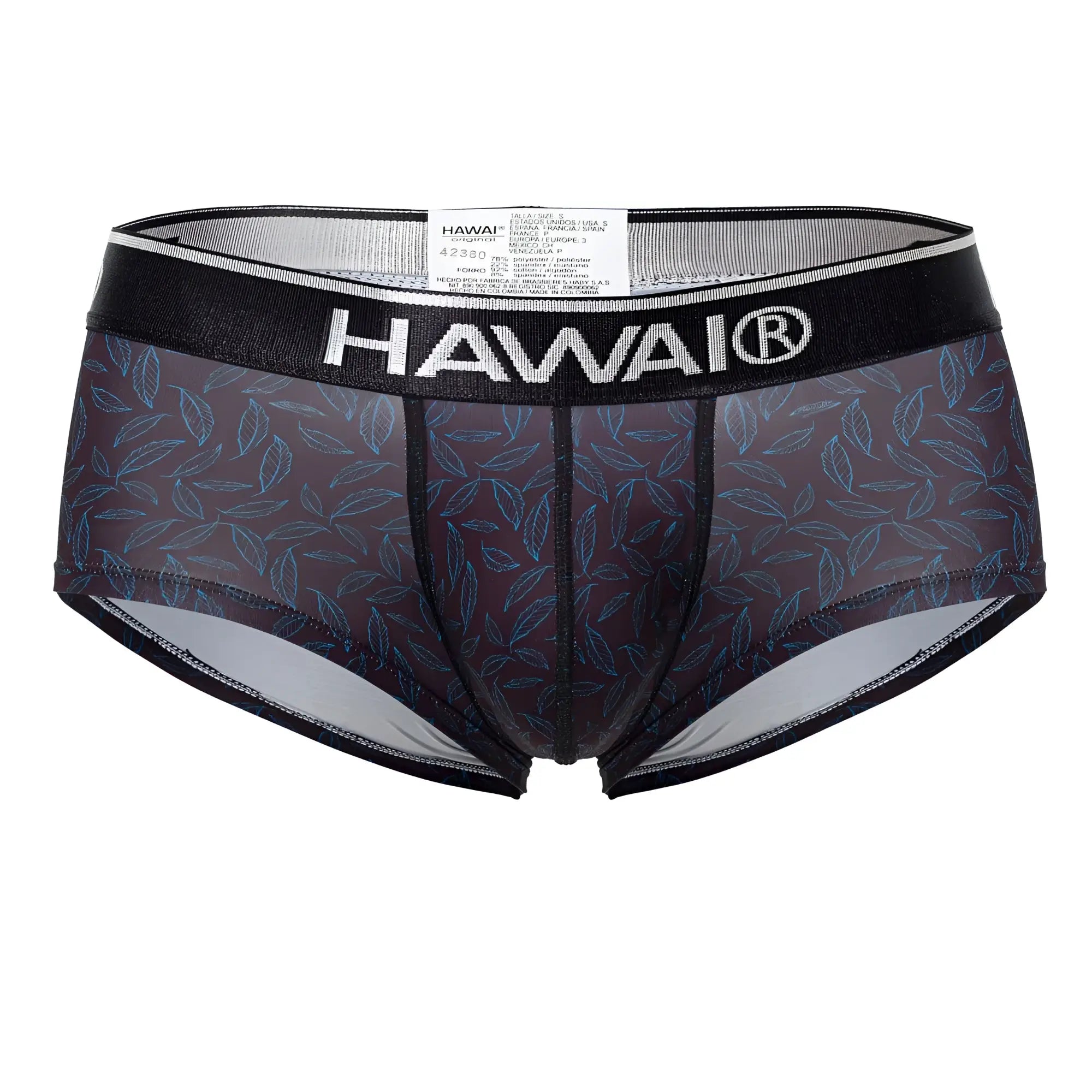 Black Hawai 42380 printed briefs in sheer dark gray fabric with intricate blue leaf pattern and black trim