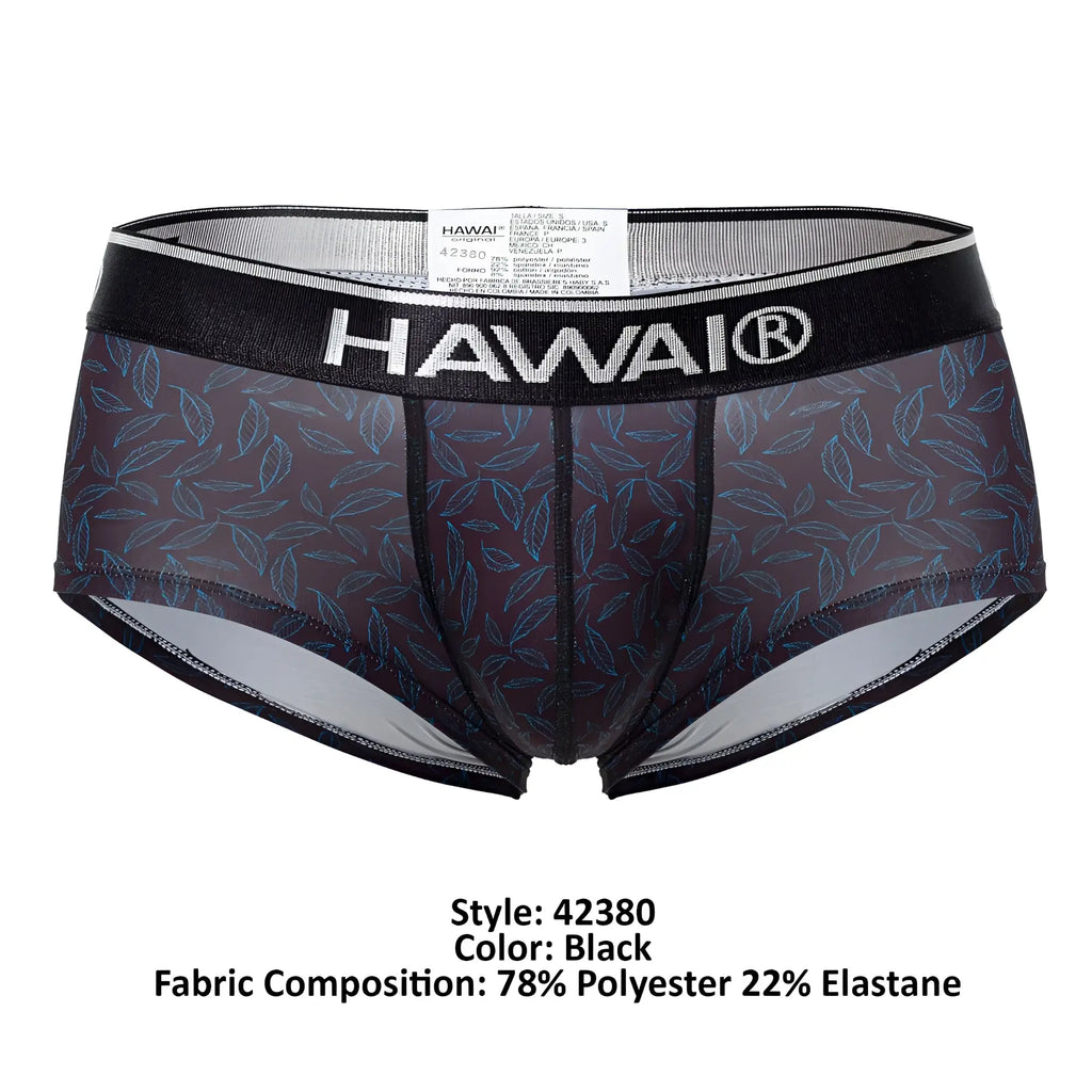 Black hawaii men’s briefs with sheer leaf-patterned design and black elastic waistband in color black