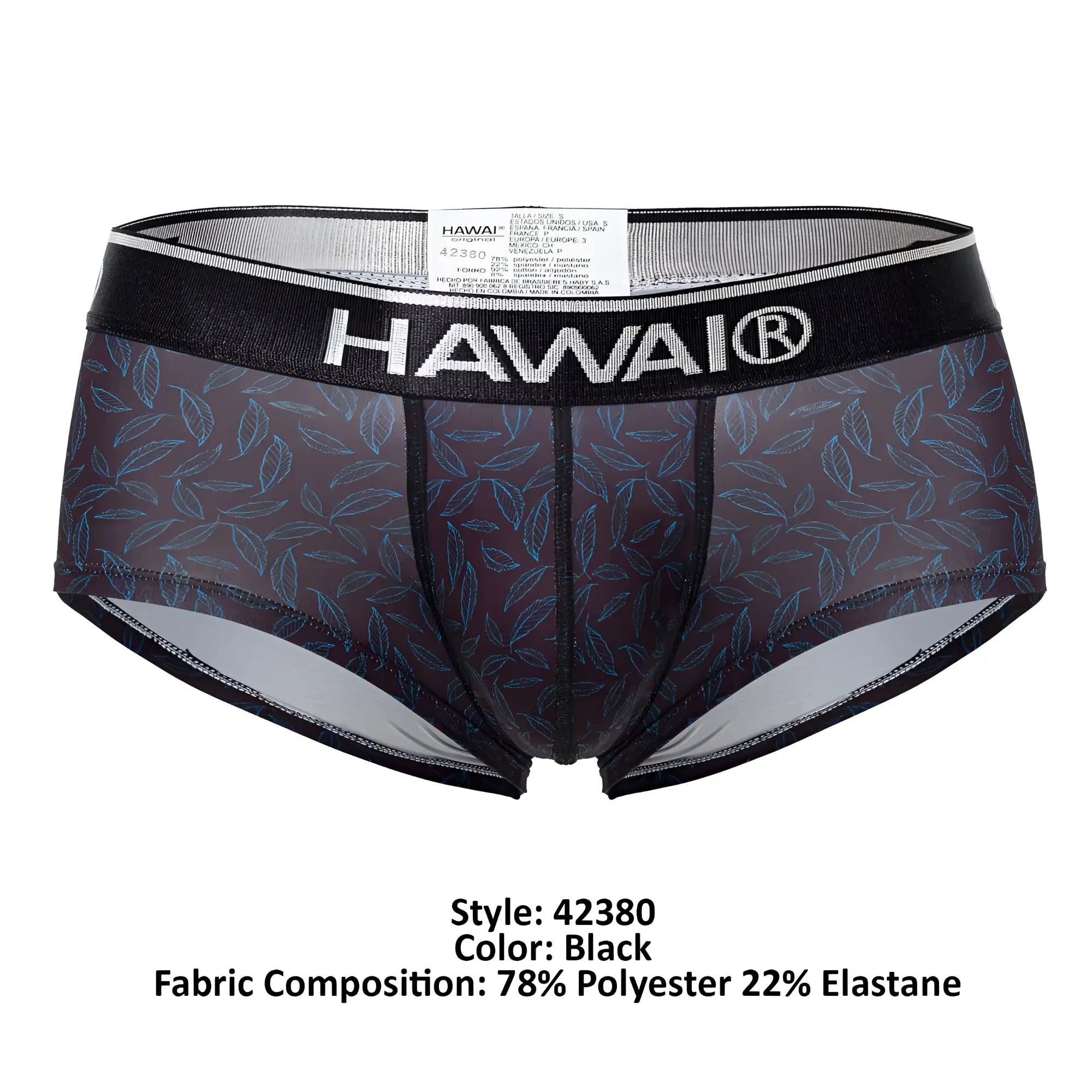 Black hawaii men’s briefs with sheer leaf-patterned design and black elastic waistband in color black