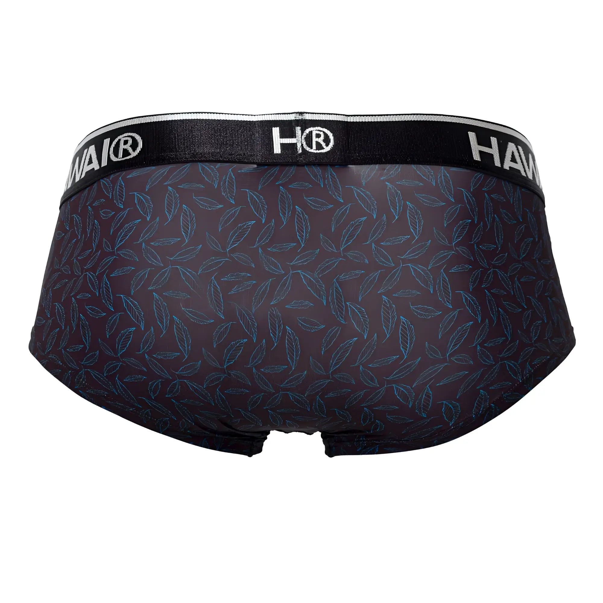 Black men’s briefs hawai 42380 with subtle blue leaf pattern and black elastic waistband featuring hai logo in white