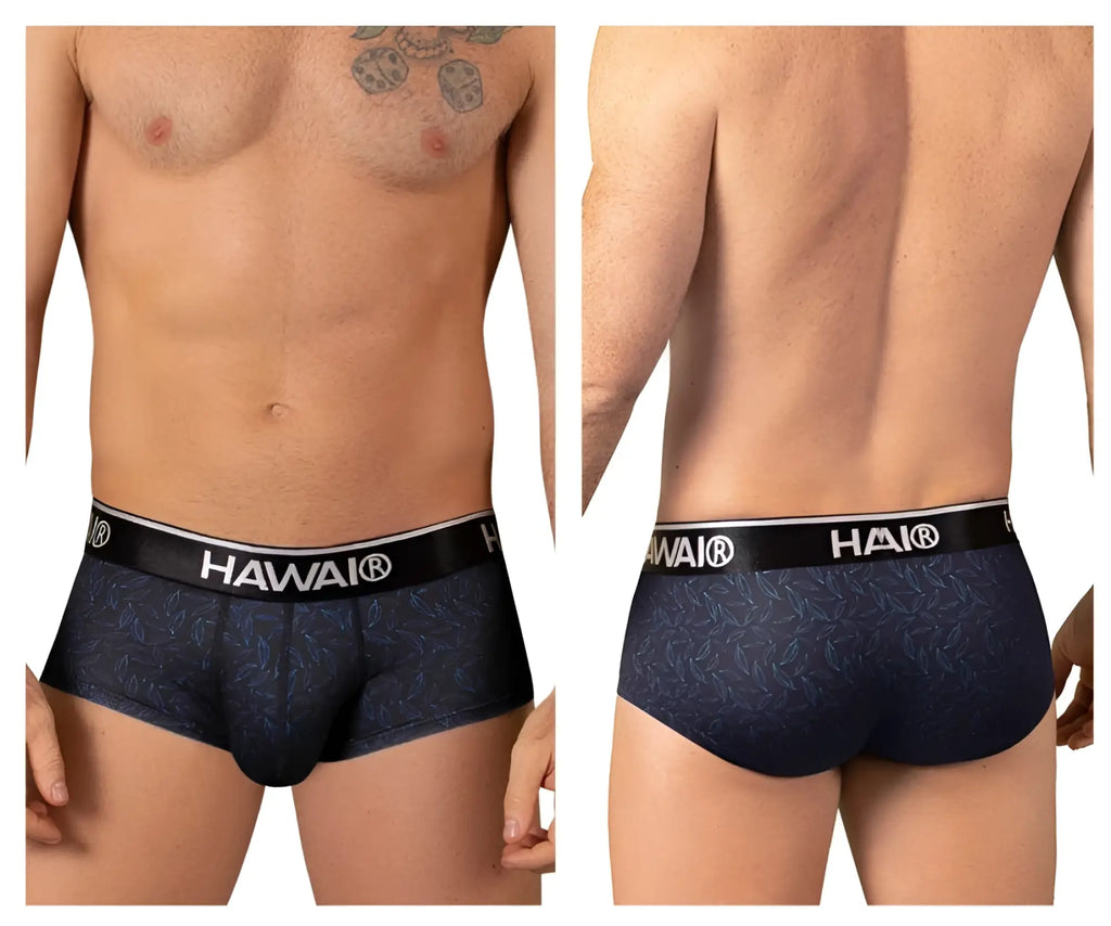 Navy blue hawaii 42380 printed briefs with black waistband and subtle leaf pattern for comfortable everyday wear