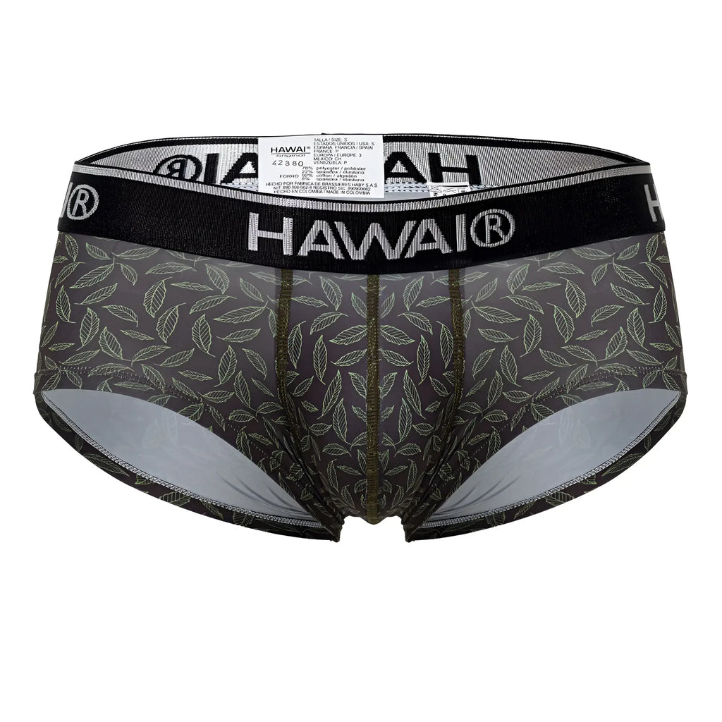 Black hawai men’s briefs hawai 42380 in green with subtle leaf pattern and contrasting silver inner lining