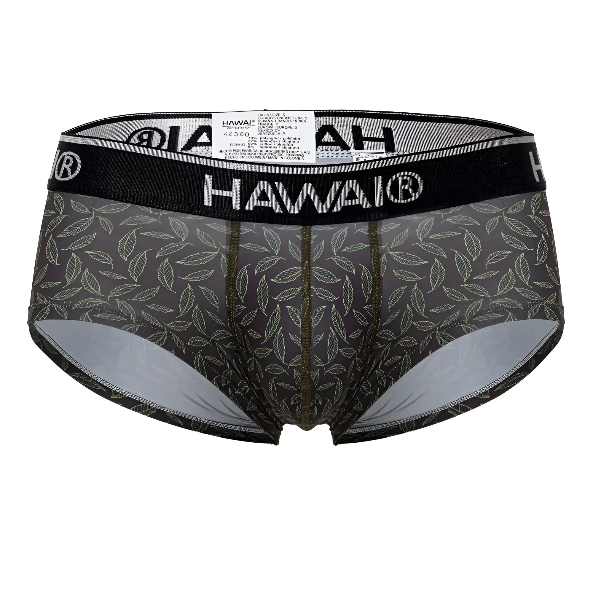 Black hawai men’s briefs hawai 42380 in green with subtle leaf pattern and contrasting silver inner lining