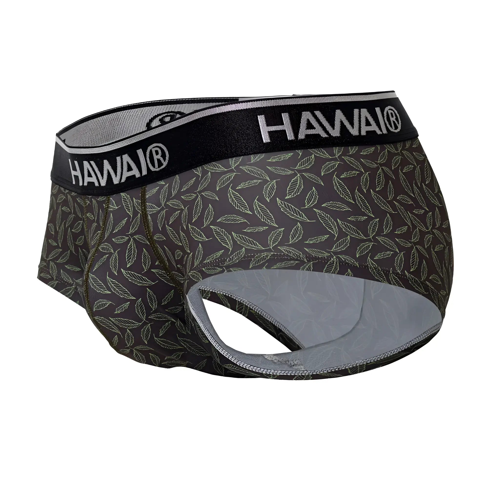Hawai 42380 printed briefs in green feature a subtle light gray leaf pattern and padded breathable interior lining