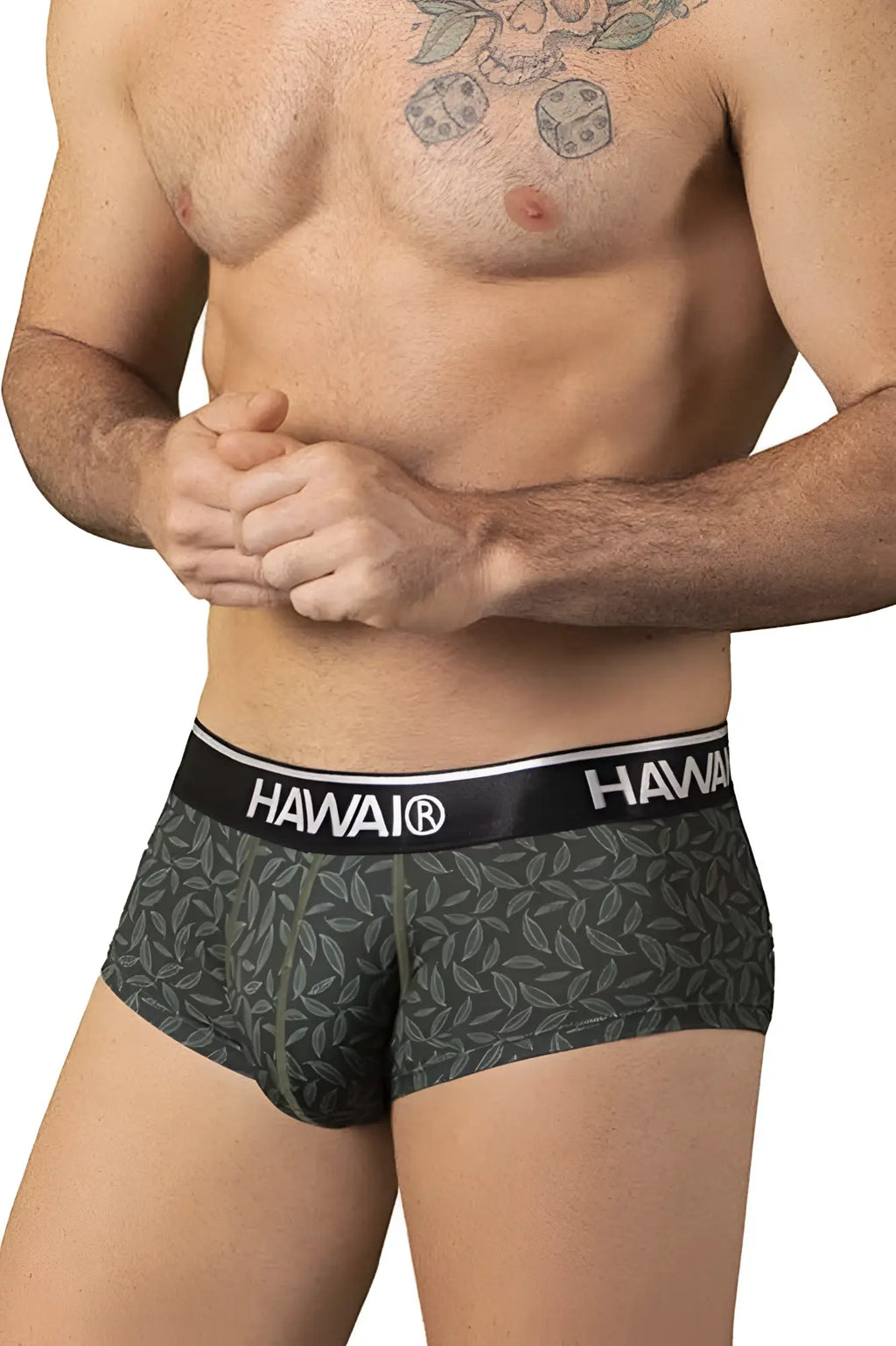 Dark green hawaii boxer briefs with subtle leaf pattern and black waistband branded with hawaii logo in white letters