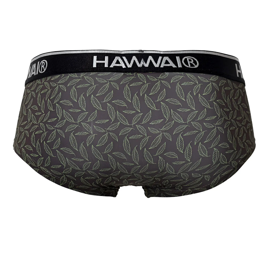 Dark gray hawaii men’s briefs in green with a subtle white leaf pattern printed on soft breathable fabric