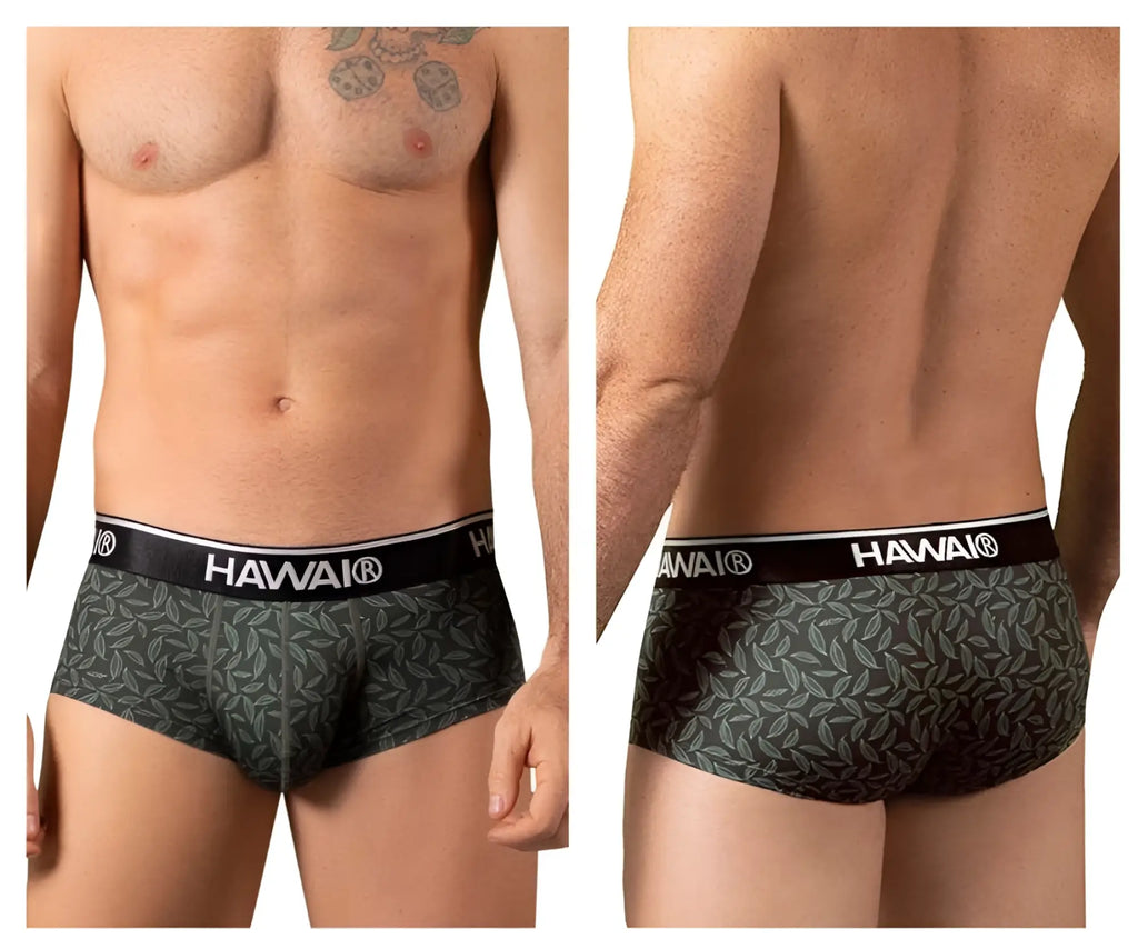 Dark green hawaii 42380 printed boxer briefs with hawaii brand black waistband and tropical pattern design