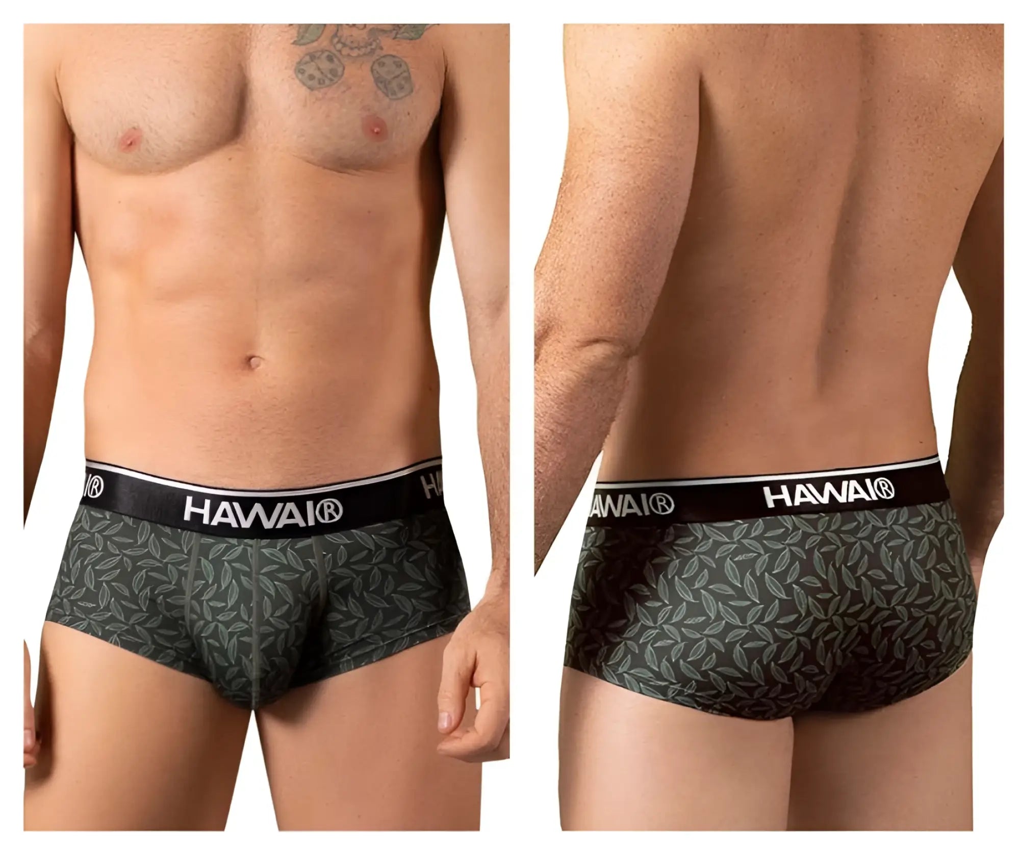 Dark green hawaii 42380 printed boxer briefs with hawaii brand black waistband and tropical pattern design