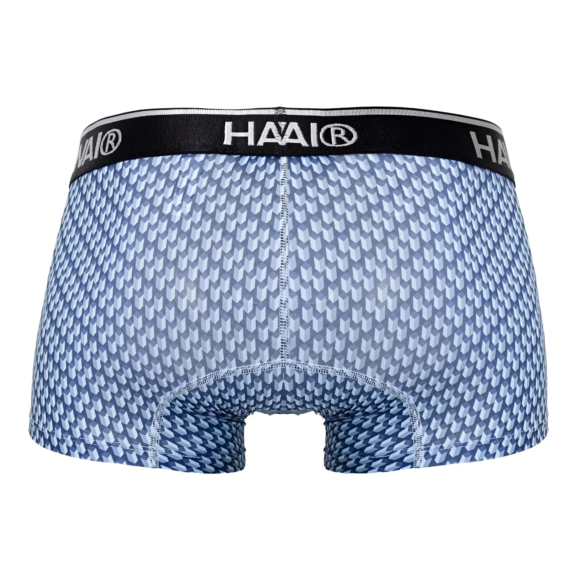 Blue patterned men’s printed boxer briefs with a black haai® waistband from the HAWAI 42420 collection