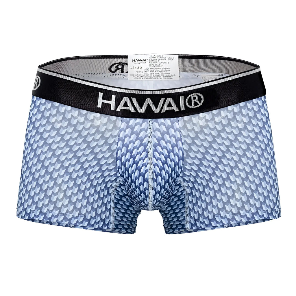 Blue patterned men’s boxer briefs with black waistband featuring hawai brand name from HAWAI 42420 printed trunks