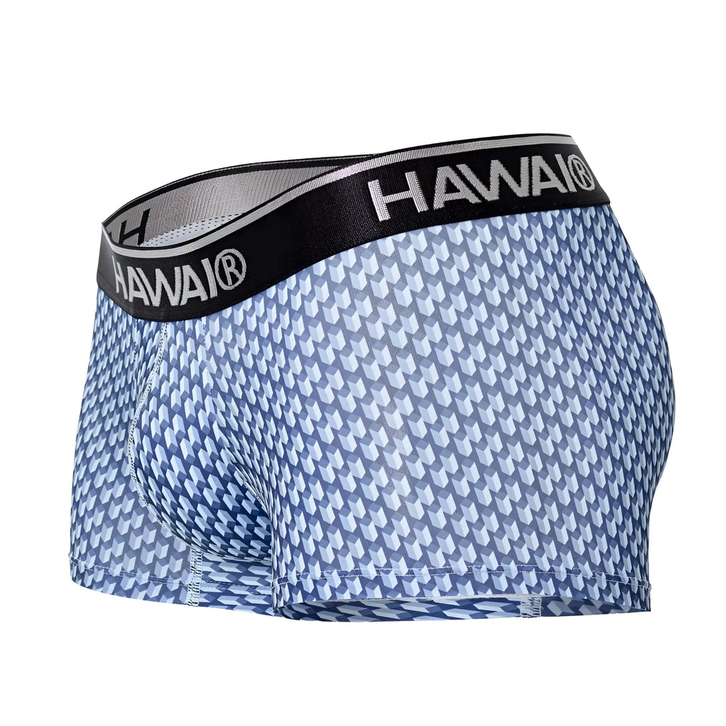 Blue and white geometric patterned men’s boxer briefs with black hawai waistband model 42420 printed trunks color blue