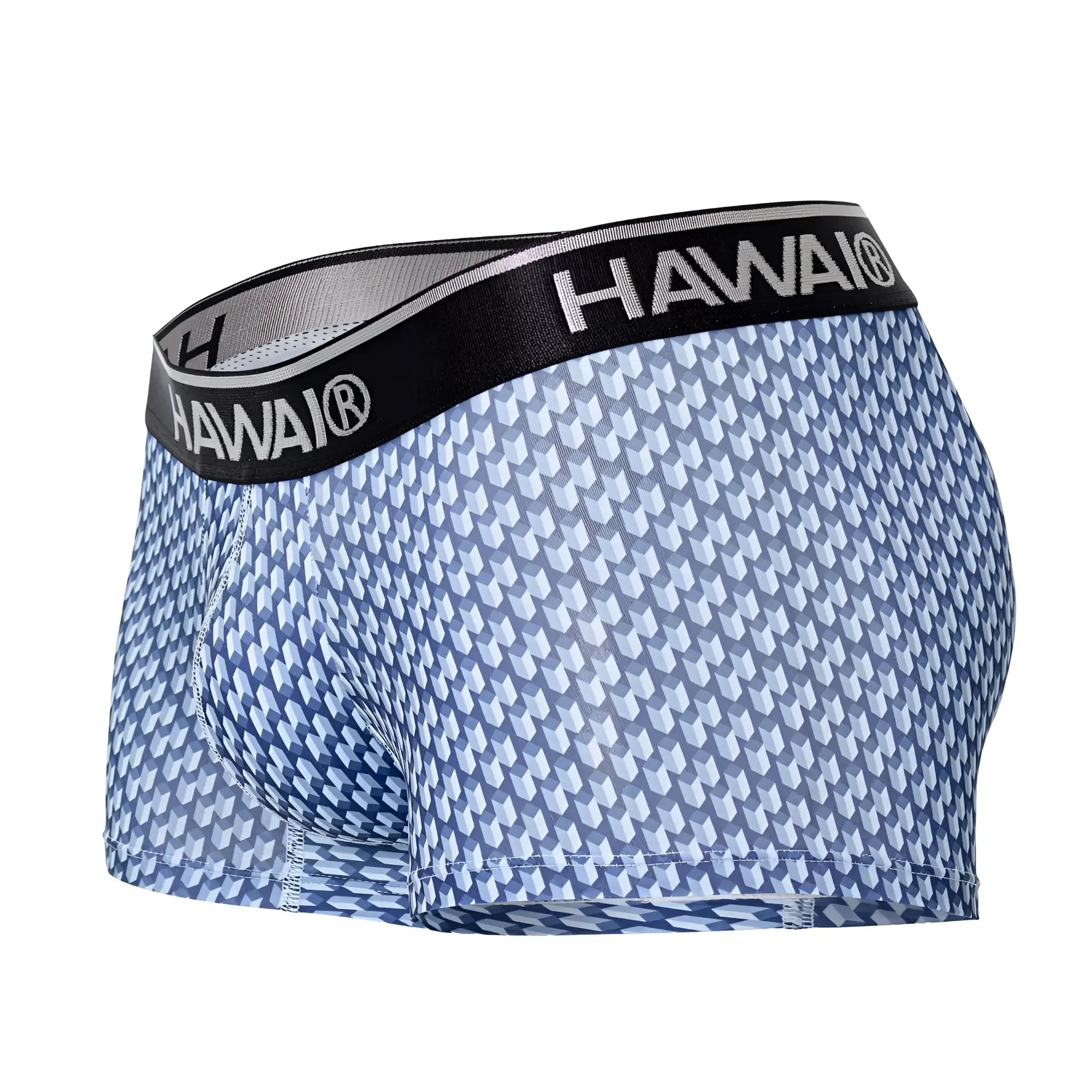 Blue and white geometric patterned men’s boxer briefs with black hawai waistband model 42420 printed trunks color blue
