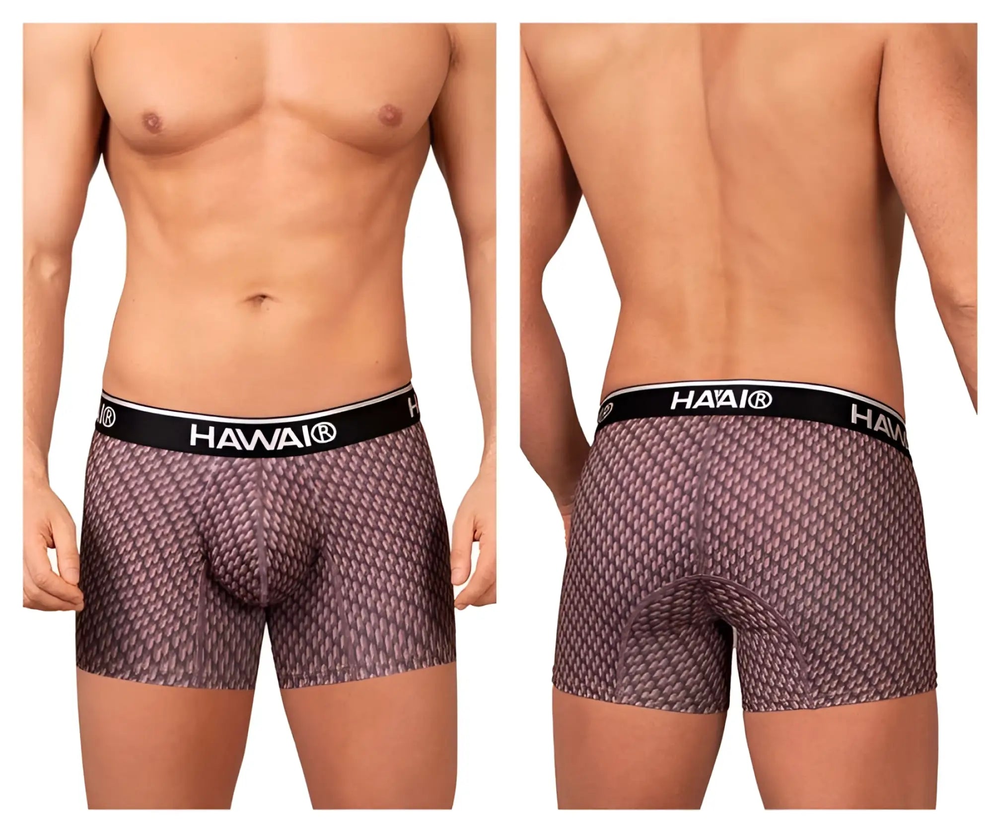 Hawai 42420 printed trunks men’s boxer briefs in textured muted purple with black elastic waistband color cocoa