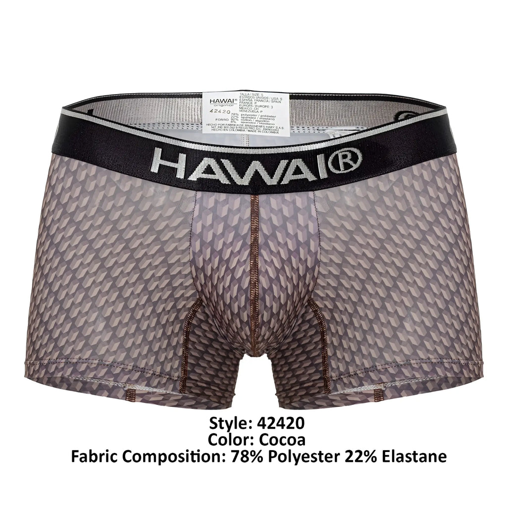 Cocoa-colored hawai 42420 printed trunks boxer briefs with geometric pattern and black waistband for everyday wear