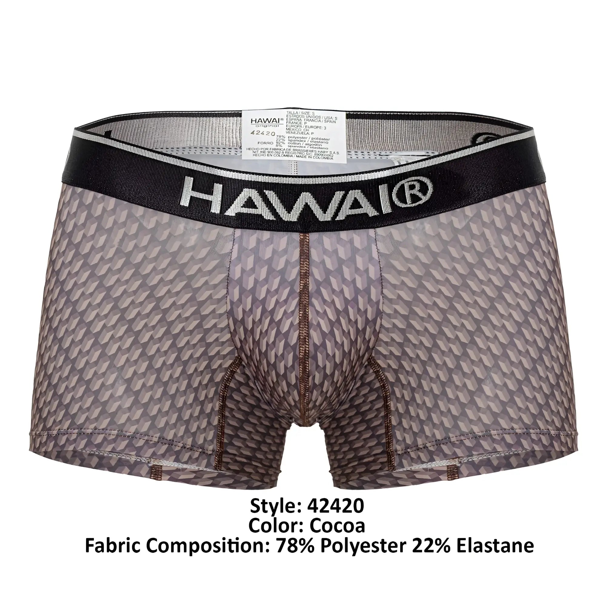 Cocoa-colored hawai 42420 printed trunks boxer briefs with geometric pattern and black waistband for everyday wear