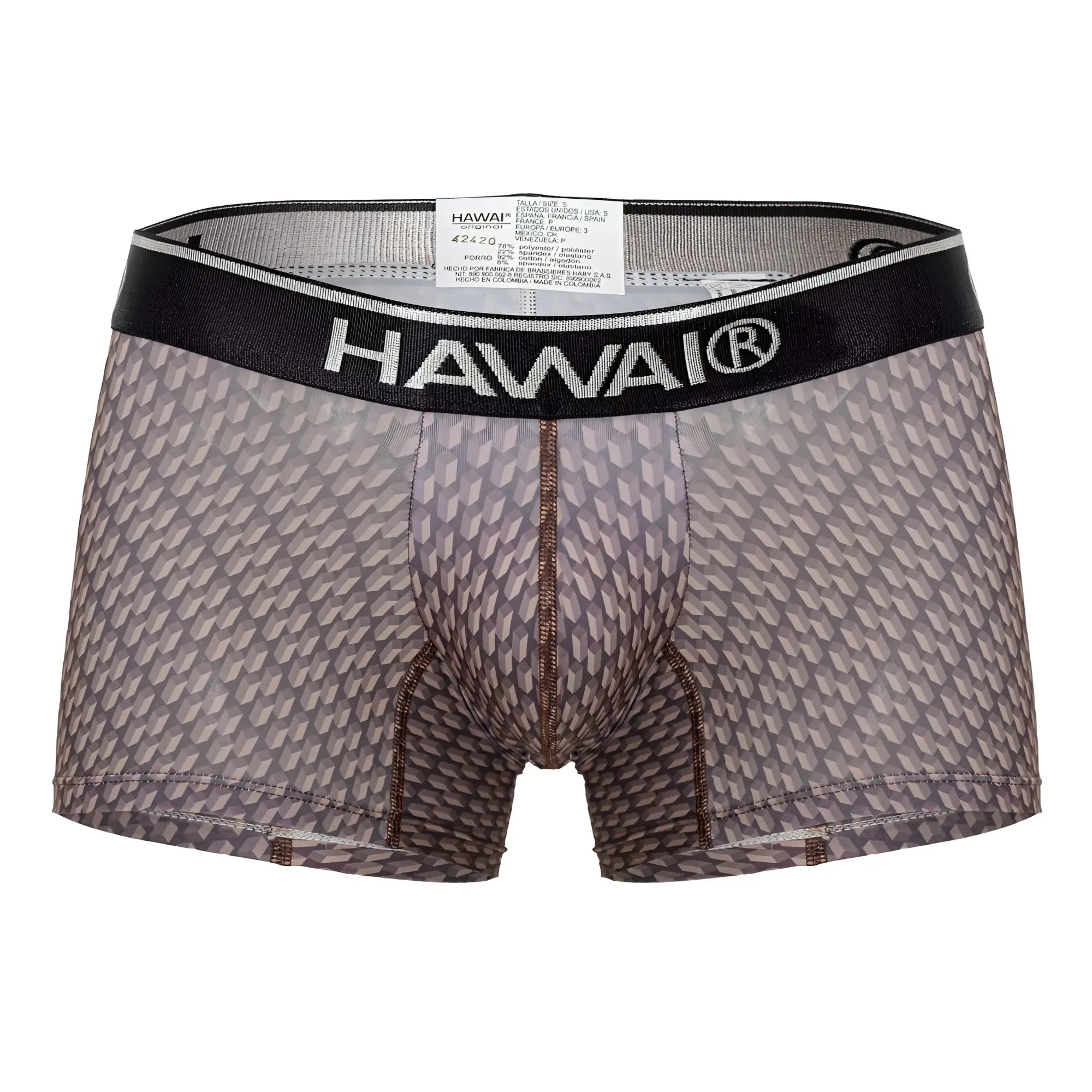 Gray patterned men’s boxer briefs with black waistband featuring hawai brand name in white cocoa color