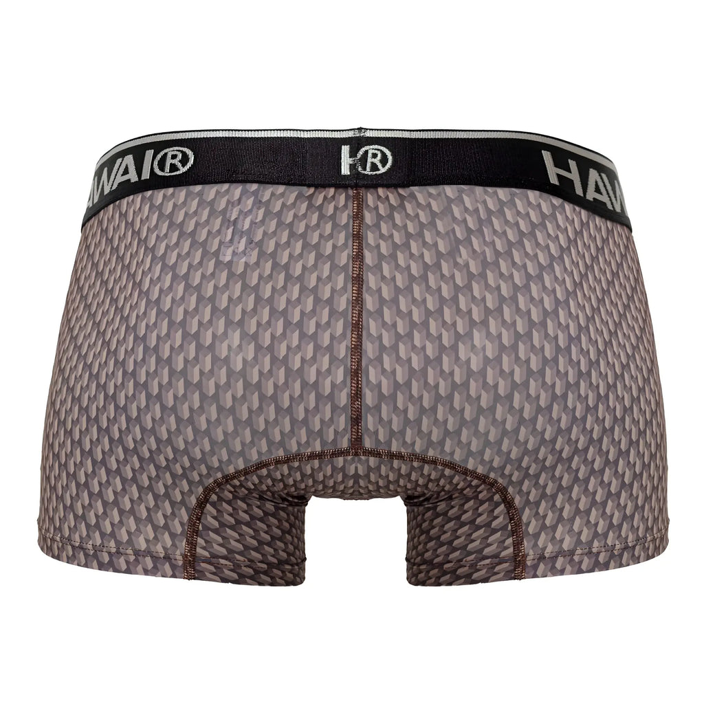 Gray patterned men’s boxer briefs with black waistband and hawai logo in cocoa color for comfortable wear