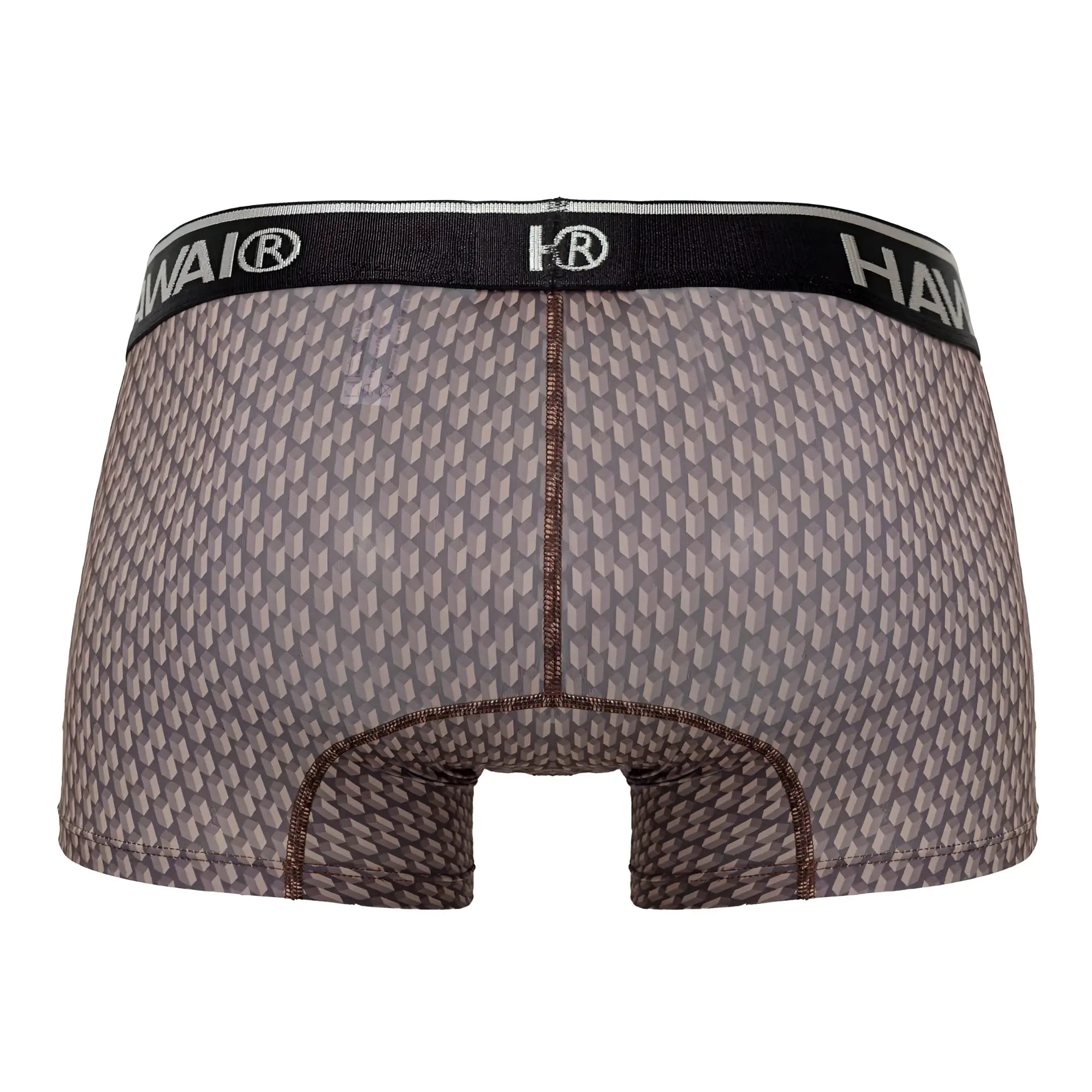 Gray patterned men’s boxer briefs with black waistband and hawai logo in cocoa color for comfortable wear