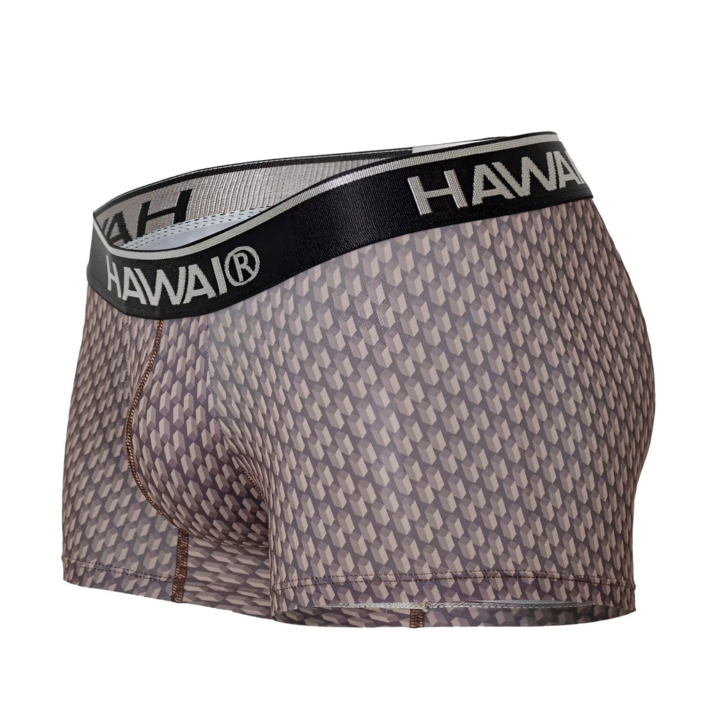 Gray patterned men’s boxer briefs with black hawaii waistband in cocoa color printed trunks model 42420